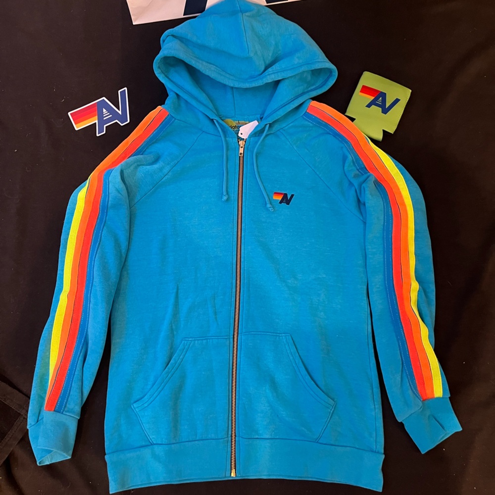 - - NWT AVIATOR NATION UNISEX 5 STRIPE HOODIE Neon Blue  Large . RARE